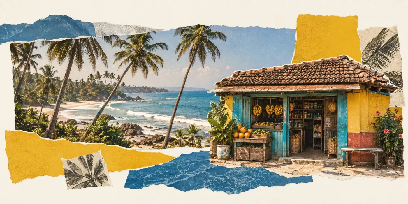 Original paper collage of Sri Lankan coastal scenery and a small business storefront
